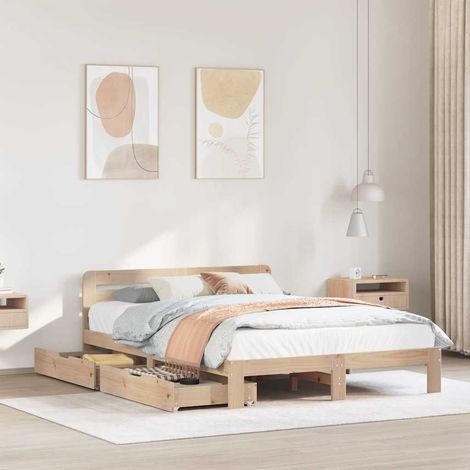 Cadre de lit 160x200 cm avec sommier à lattes et 2 tiroirs de rangement, en bois de pin massif (matelas non inclus) (1/4)