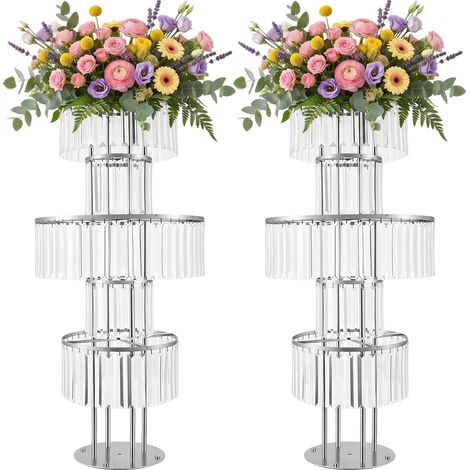 Lot de 2 supports à fleurs en métal à 5 niveaux, présentoir décoratif argent avec pendentifs cristal, centres de table de mariage, pour banquet, fête, événement et réception (110 cm hauteur, base rond (1/5)