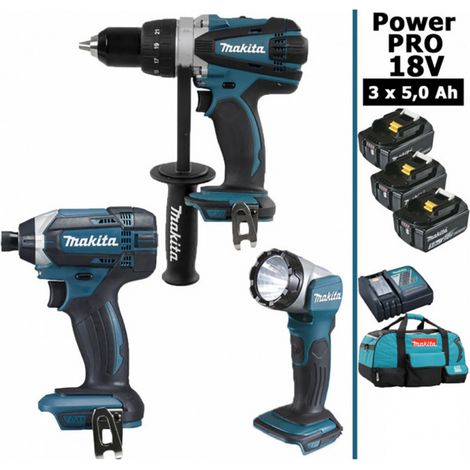 Pack Makita Power PRO 18V: Perceuse 91Nm DDF458 + Visseuse à chocs 165Nm DTD152 + Lampe Torche LED 180lm DEADML802 + 3 batt 5Ah (1/5)