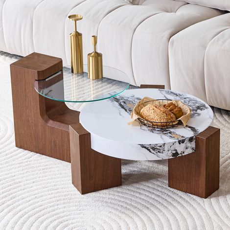 Set di 2 tavolini rotondi impilabili in MDF effetto noce con vetro di sicurezza DESVIAE (1/5)