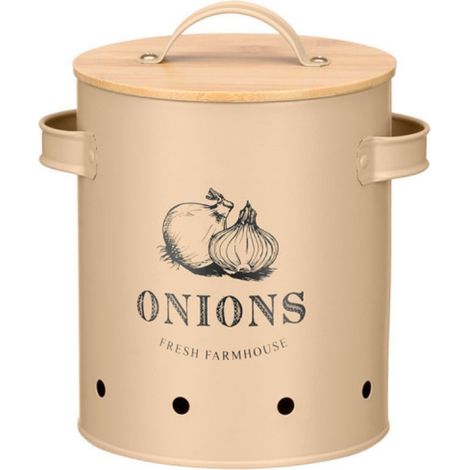 Recipiente beige para cebollas con tapa de bambú (1/4)