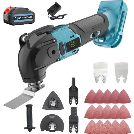 Multifunktionswerkzeug, Akku-Schaukel, Multi-Werkzeug-Schaukel, 6-Gang, 22-Klingen zum Demontieren, Schaben, Schneiden, 1x 5.5A Akku+Ladegerät, kompatibel mit Makita Batterien