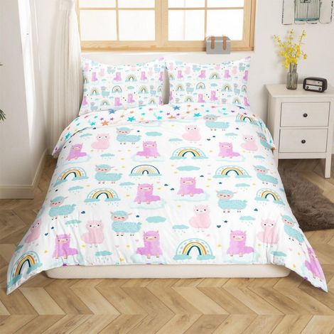 Bettwäsche-Set 220x240cm mit 2 Kissenbezügen, Mikrofaser, Alpaka & Regenbogen Motiv