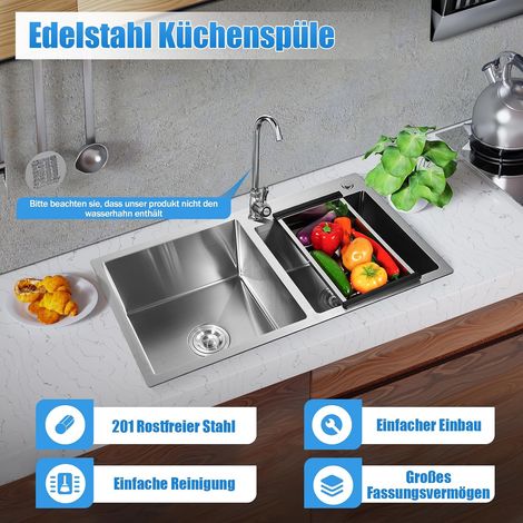 Doppelspüle 201 Doppelbecken Edelstahlspüle Küchenspüle Einbauspüle 78 x 43 x 21 cm Rechteckige Spüle mit Abtropfkorb, Abfallfilter, Abflussvorrichtung Küche Spülbecken 2 Becken (1/5)