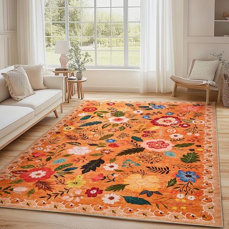 1 Tapis Motif Floral, Antidérapant Poils Courts, Doux Lavable Machine, Salon Chambre Bureau Orange 140x200cm