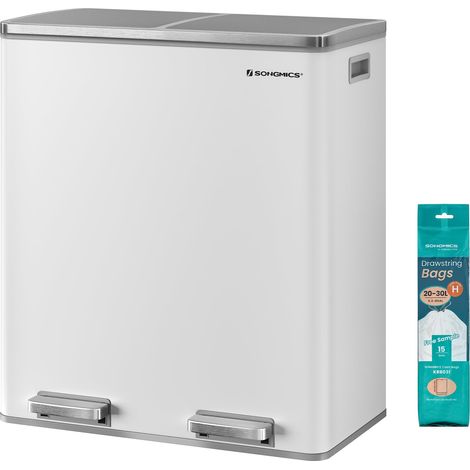 Poubelle à Double Compartiment 2 x 30 L, avec 15 Sacs Poubelles, Pédales en Métal, 2 Seaux Intérieurs en Plastique, Couvercles, Poignées, Fermeture en Douceur, Blanc et Gris (1/5)