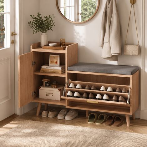 Meuble à chaussures bas avec rangement multifonctionnel - 100 x 30 x 69.5 cm - Banc à chaussures rembourré - Pieds hauts en bois massif - Bois naturel
