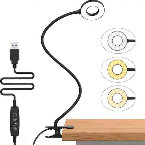 Lampe de lecture LED avec pince, 3 couleurs et 10 niveaux de luminosité, lampe de bureau à col de cygne flexible, lampe de lecture pour enfants, veilleuse. (1/5)