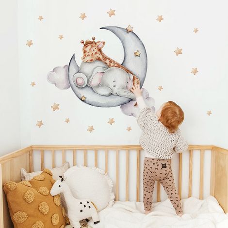 Sticker mural dessin animé lune petit cerf bonne nuit animal, mur (1/5)