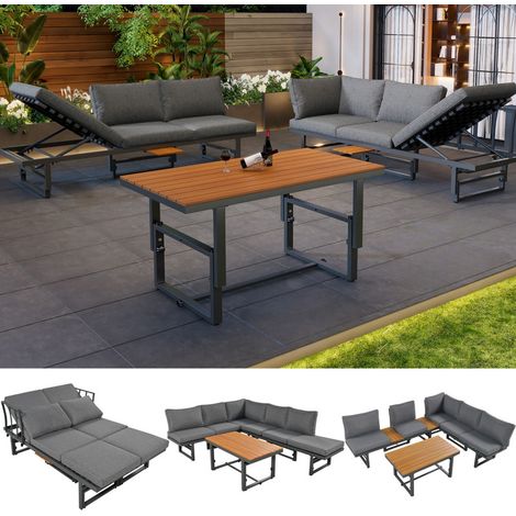 Ensemble de salon de jardin extérieur pour 6 personnes,structure en fer thermolaqué, dossier réglable, bois d'acacia, table réglable,gris (1/5)