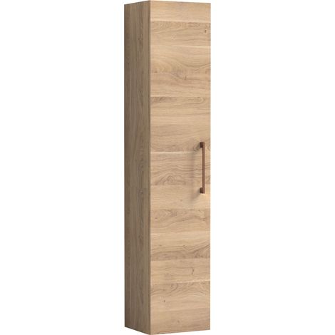 Balterley Bramshall Modern Bathroom 1 Soft Close Door Wall Hung Tall Storage Unit, Woodgrain Light Oak with Copper Handle, 300 mm