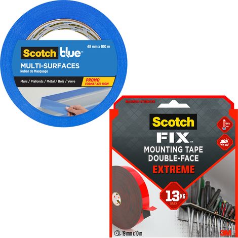 Pack ScotchBlue™ & Scotch-FIX™ : Ruban de masquage multi-surfaces 14 jours et Ruban de fixation extrême intérieur extérieur