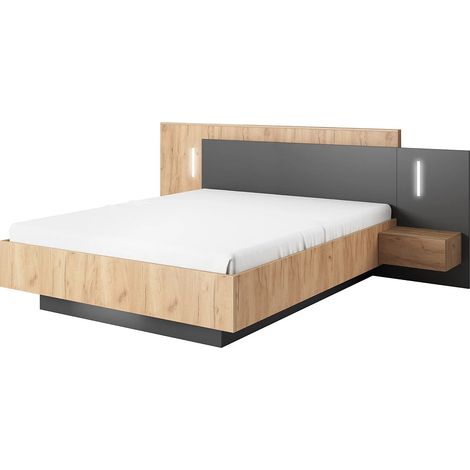 Vente-Unique – Lit avec tiroirs 140 x 190 cm – 2 tiroirs coulissants 'push to open' – LEDs blanches – Coloris naturel et anthracite – Éco-responsable