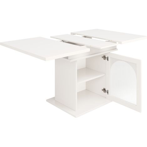 Table Ă manger extensible 110-140x80x76 cm en MDF blanc avec rangements, pour cuisine et salon (1/5)