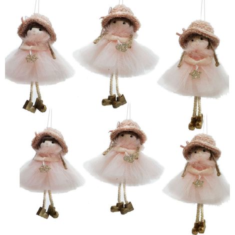 Set di 6 Bamboline da Appendere all'Albero di Natale Con Cappello Sciarpa Pellicciosa Rosa Gonna in Tulle e Piedi Pensolanti - Decorazioni Natalizie da 17 cm (1/4)