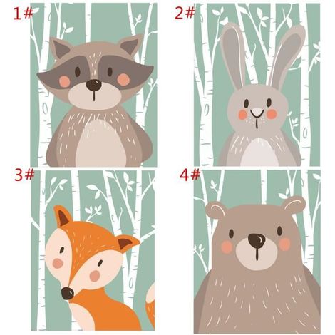 Lot de 4 Pièces Peinture en Toile sans Cadre Poster Animaux Ornement Chambre Enfant Décor Maison Café