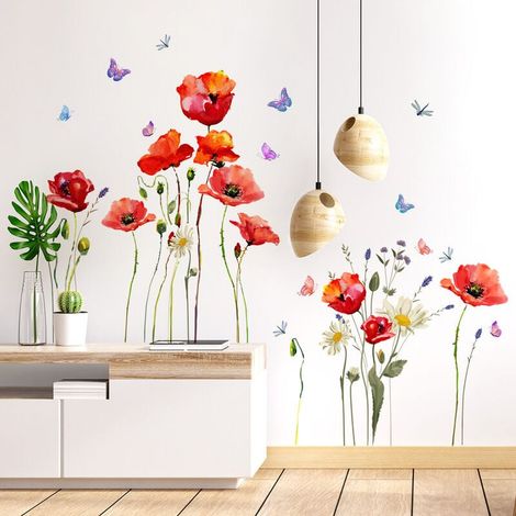Sticker mural coquelicot fleur rouge Stickers muraux plantes papillon Stickers muraux chambre salon cuisine décoration murale (1/4)