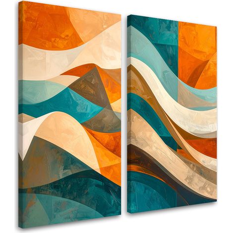 Tableaux sur toile lot  Abstraction vagues lignes turquoise orange 2 x 20x40