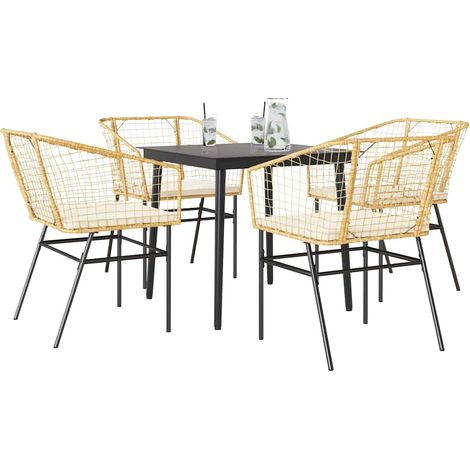 5-tlg. Garten-Essgruppe mit Kissen Braun Poly Rattan Glas