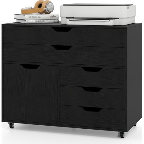 COSTWAY 5-Drawer Chest Mobile Chest of Drawers with 5 Casters & Door-Black (1/5)