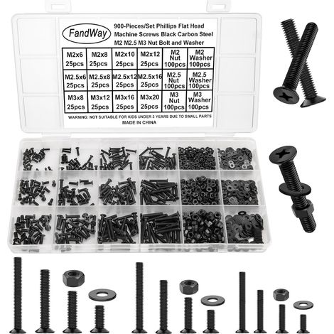 M2 M2.5 M3 Vis à Métaux et écrous,900 Pièces Vis à Tête Plate Croix,Boulon et écrous Rondelles,Boulon à Tête Fraisee Cruciforme Entièrement Filetées en Acier Carbone Noir. (1/5)