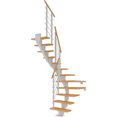 Dolle Mittelholmtreppe Frankfurt 1/2 gewendelt Buche, geölt 75 cm breit für Geschosshöhen 240 – 279 cm UK Metall Weiß inkl. einseitigem Designgeländer
