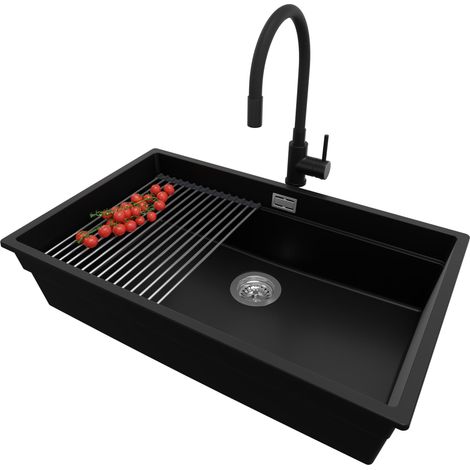PRIMAGRAN Evier Sous Plan 76x47cm, Evier en Granit 1 bac + Robinet 40x38cm + Kit de Vidage + Égouttoir Enroulable, Évier au meuble 80cm - Prague, Noir (1/5)