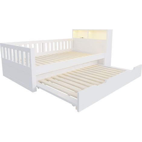 Multifunktionsbett aus Holz 90 x 200 cm mit Ausziehbett, Stauraum, LED und Steckdosen, Weiß (1/5)
