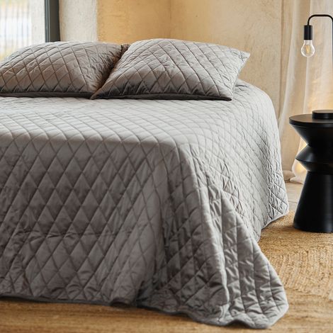 Couvre-Lit et Taies d'Oreiller en Velours Matelassé Gris 230x250 cm