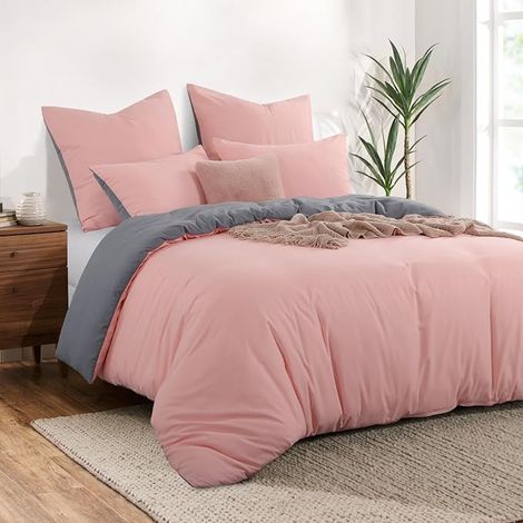 Copripiumino 200x200 Reversibile - Set Letto Bicolore 200 x 200 Adulti 2 Persone con Chiusura Lampo, Federe 65x65, Rosa e Grigio (1/2)