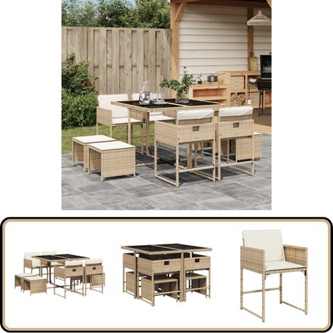 9-tlg. Garten-Essgruppe mit Kissen Beige Poly Rattan - Gartenmöbel Set - Gartentisch - Gartenstühle - Gartenhocker - Rattan Möbel