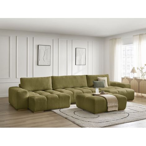 BOBOCHIC - Canapé panoramique convertible coffre ANAKIN tissu texturé avec pouf Vert (1/5)