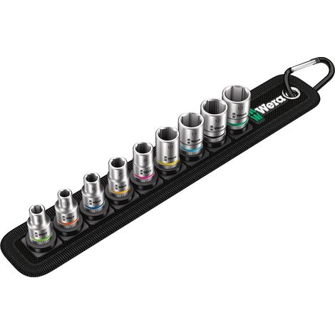 Wera – Coffret cliquet et douilles 9 pièces – Douilles 5 à 13 mm – Sangle porte-outils textile – Mécanisme Twist to Unlock