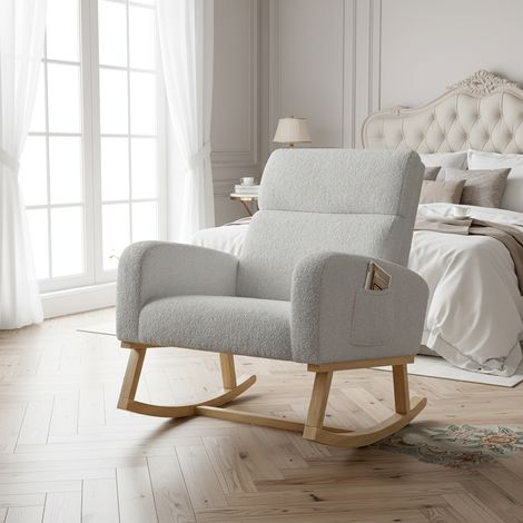 Fauteuil à bascule moderne - pieds bois massif et dos haut, autocollants antidérapants, poches latérales, 78x69x87 cm - gris clair matière teddy (1/5)