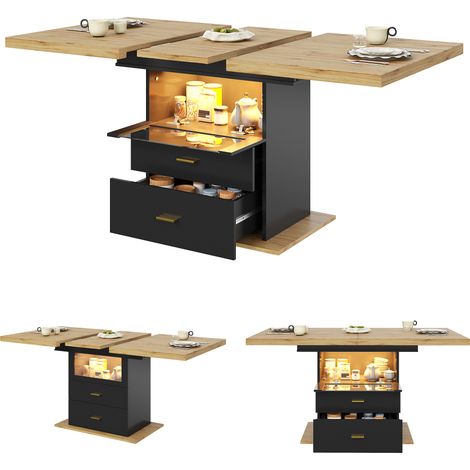 Table à manger extensible- 110 (140)x 80 x 75 cm- Eclairage LED- Avec tiroirs- Plateau MDF+Metal- Salle a manger,Salon-Noir (1/5)