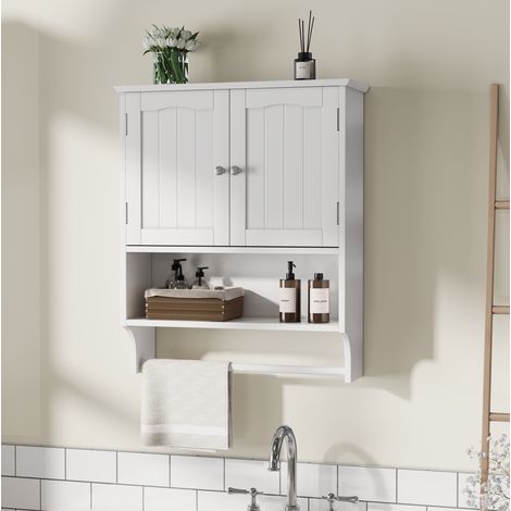 Mueble de baño suspendido moderno de MDF blanco, 1 puerta, 2 estantes regulables, hueco abierto y toallero (1/5)