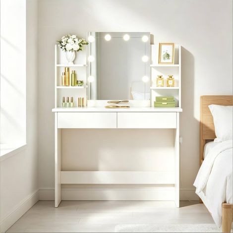 Scrivania con specchio LED e cassetti bianca OKMYHOME (1/4)
