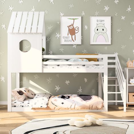 Etagenbett 90x200cm mit kleinem Dach, mit Treppe, Absturzsicherung, Lattenrost, Doppelbett aus massivem Kiefernholz, weiß (1/5)