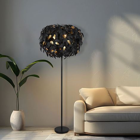 Stehleuchte Stehlampe Wohnzimmerleuchte Schlafzimmerlampe Beistellleuchte im Blätterdesign, Fußschalter, Metall, schwarz gold, 3x E14 Fassung, H 180 cm