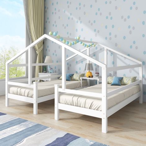 Lit enfant, lit cabane, lit simple, 90200cm,pour 2 enfants,avec table de nuit et sommier à lattes,avec protection contre les chutes,Blanc, KINSI (1/5)