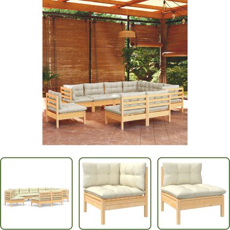 Terrassensofa - 9-tlg. Garten-Lounge-Set mit Creme Kissen Massivholz Kiefer (1/5)