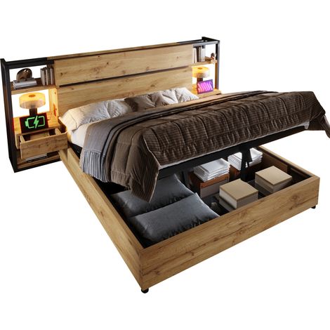 Lit double 160 x 200 cm avec rangement, tête de lit à niches, ports USB et Type-C, cadre en métal robuste, sans matelas, bois clair style industriel – CHICFURN (1/5)