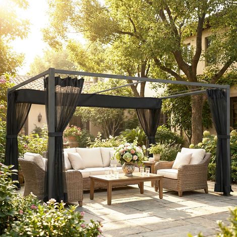 Pérgola de Jardín 3x4 m con Techo Retráctil 4 Laterales de Malla UPF30+ Cenador de Jardín para Patio Exterior Gris (1/5)