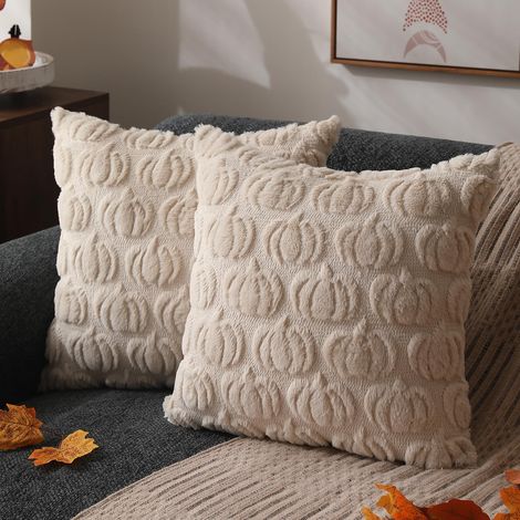 Housse de coussin 2 pièces, 45 x 45 cm, en fausse fourrure douce, motif citrouille, pour canapé, chambre, salon, décoration d'intérieur (1/5)