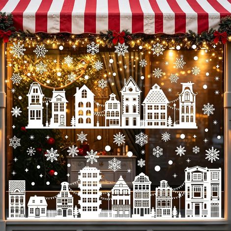 Autocollants de Noël – 137 Pièces Blanches Maisons Enneigées et Flocons, Adhésifs pour Vitres, Village Hiver, Déco Fenêtres (1/5)