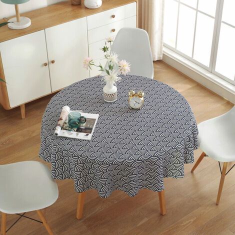 Rond Nappe, Mer Vague Motif Table Tissu Coton Lin Tissu Décorative Bureau Table Housse, Style Nordique Table Tissu pour Vacances Maison Noël Fête Pique-Nique - 120cm (1/3)
