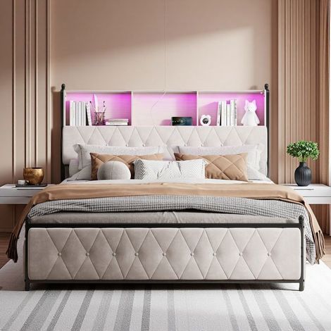 Letto Doppio 160x200 - Velluto Beige - 4 Cassetti - Caricatore USB/Type-C - LED RGB
