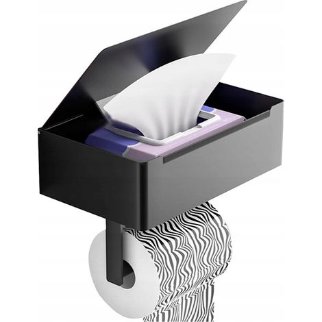 Porta carta igienica con vassoio e ripiano - Nero - Autoadesivo / Non richiede foratura - Porta carta igienica