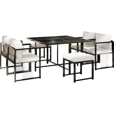 Ensemble de mobilier de jardin 7 pièces avec table en verre trempé et 6 places, cadre en fer, coussins amovibles noirs et blancs (1/5)