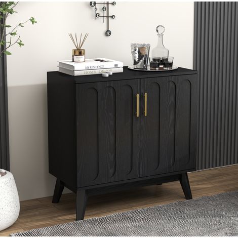 Credenza vintage con frontali scanalati, ripiani regolabili e sistema di gestione dei cavi, mobile contenitore in legno e MDF nero. (1/5)
